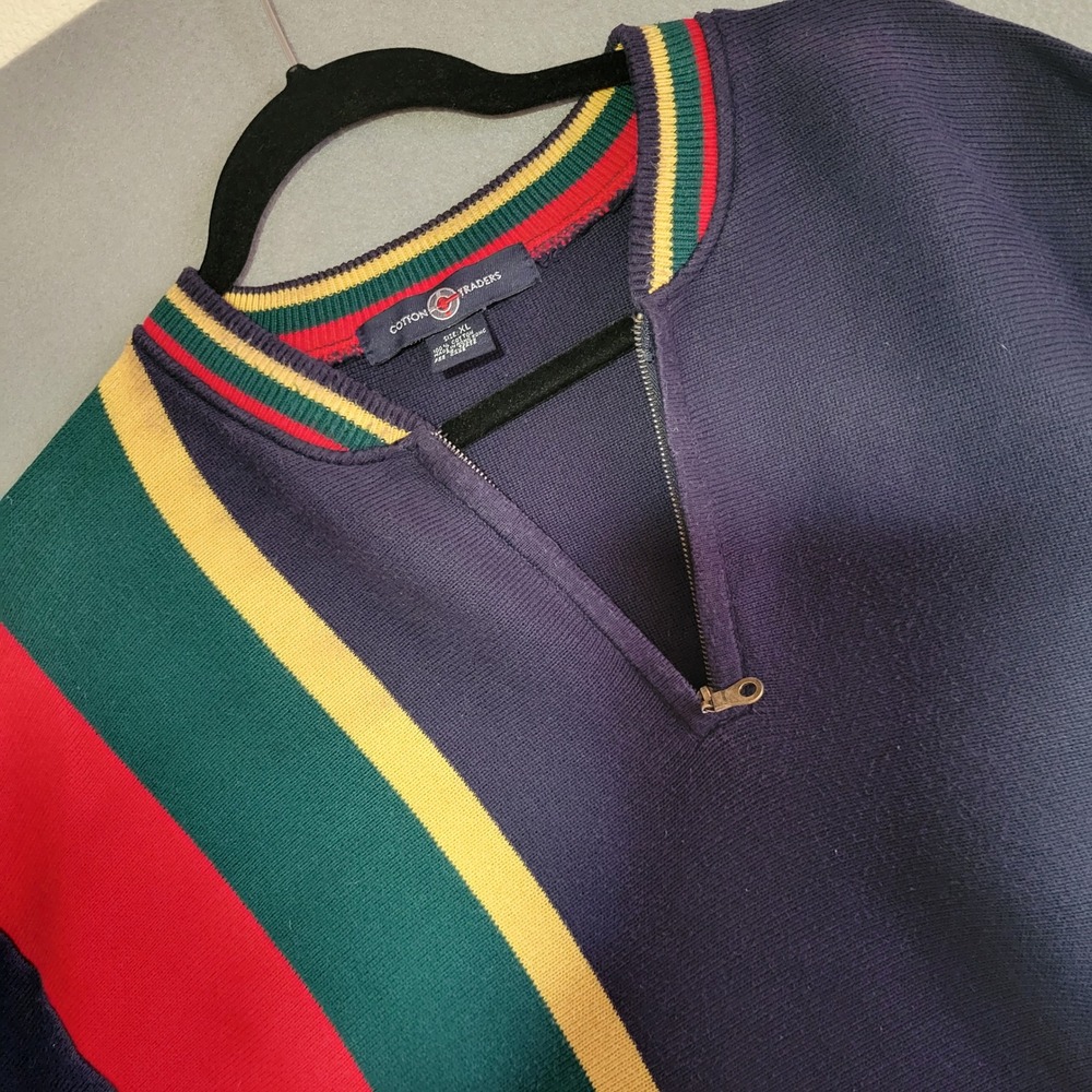 Cotton Traders Vintage 90s Colorblock Quarter Zip Cotton Sweater Navy Mens XL